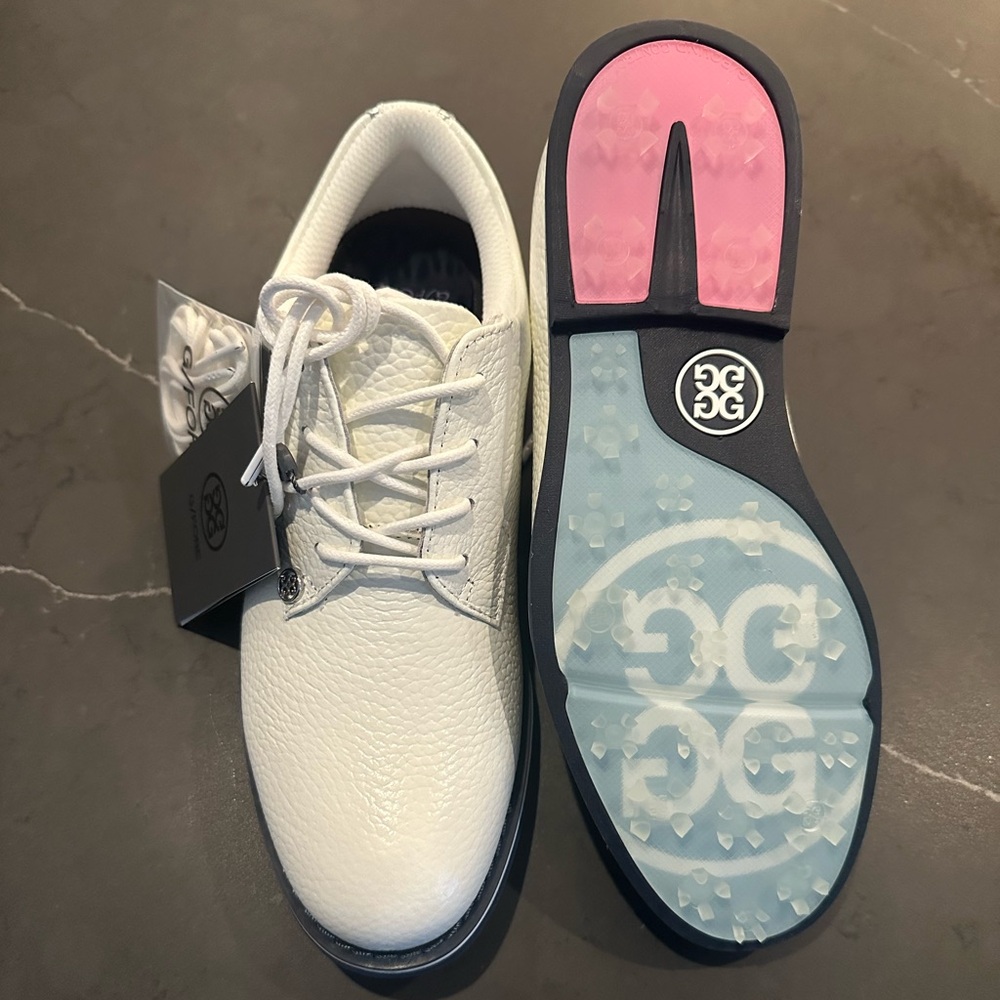 G/FORE Womens Golf Shoe in White with Pink and Blue Soles